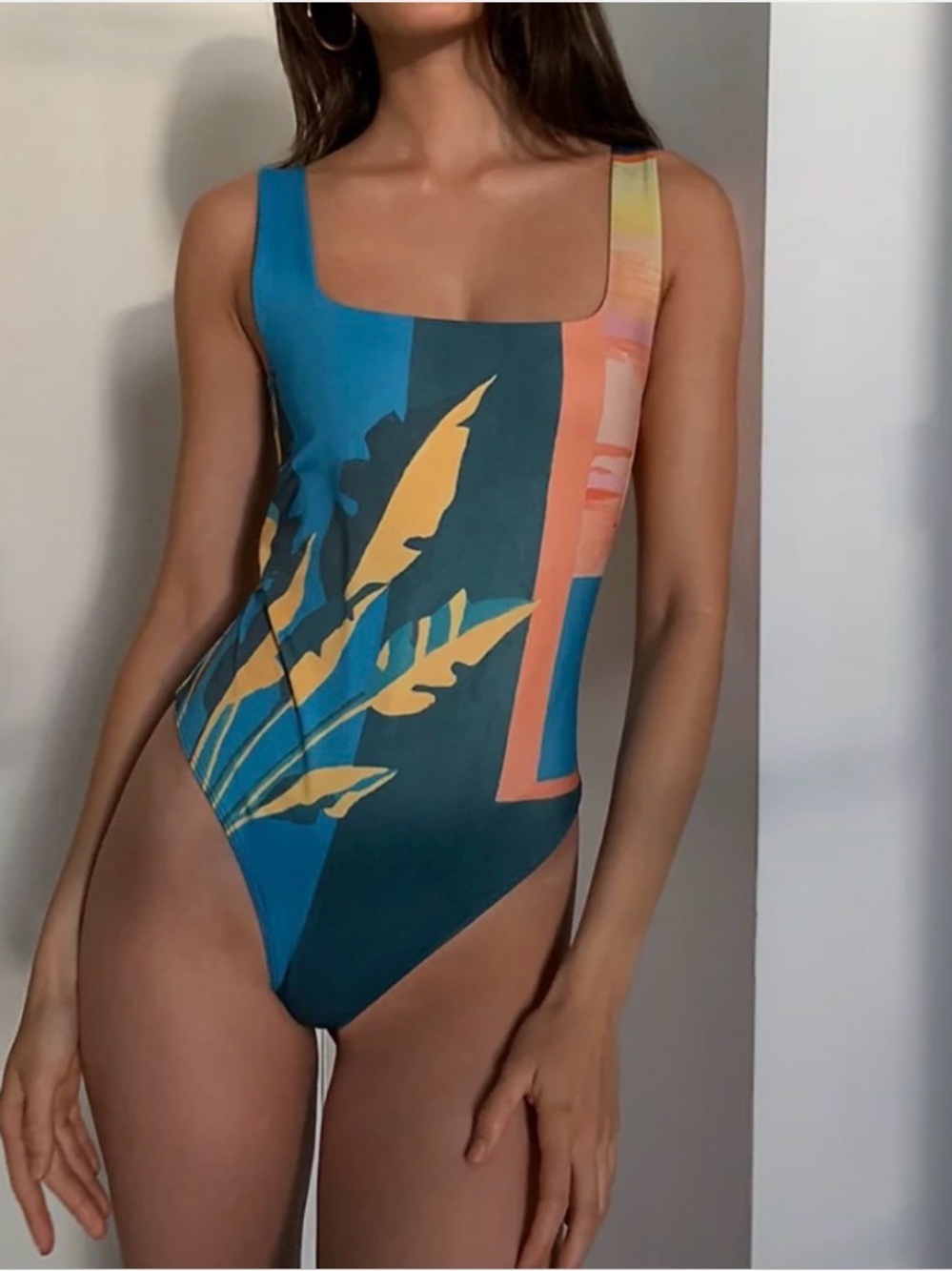 Babaton Teal One-Piece Swimsuit with Yellow & Pink Tropical Print